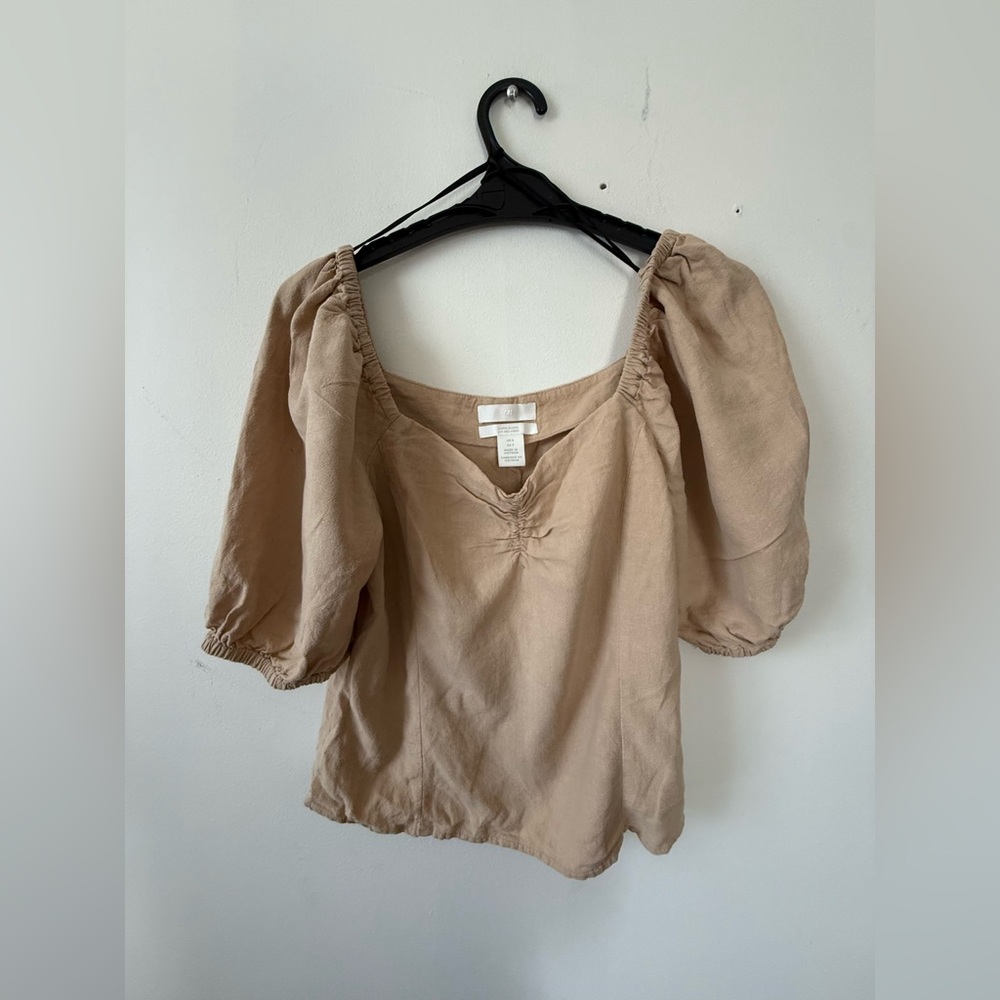 H&M Beige Puff Sleeve Linen Blend Top